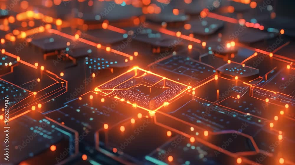 Poster detailed view of a computer circuit board with electronic components and pathways visible, visualize
