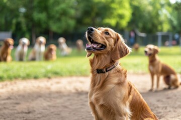A Golden Retriever barks at a group of dogs in a park, engaging in socialization through play and interaction on a sunny day. 