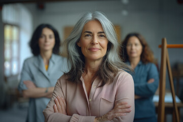Fototapeta premium Portrait of a 45-year-old lady entrepreneur, and a mature female professional executive manager leader standing with arms crossed in the office, looking at the camera.