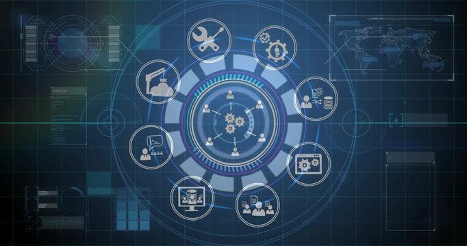 Animation of technology and business process automation with digital interface icons - Powered by Adobe