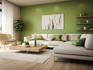 A modern living room with a white sectional sofa, wooden coffee table, and green walls.
