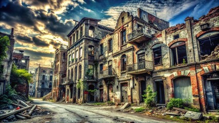 Obraz premium Urban Decay: Ruined buildings, crumbling facades, abandoned streets, dystopian atmosphere, neglected structures.