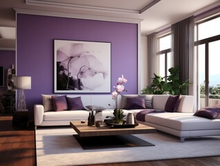 A modern living room with a white sectional sofa, purple throw pillows, and a wooden coffee table with a vase of orchids on it.