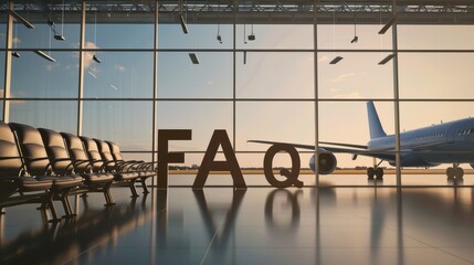 Airport terminal with planes visible through large windows; with the letters "FAQ" written in modern, travel-inspired font. 