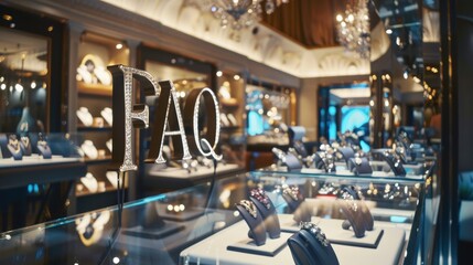Jewelry store with sparkling gems and elegant displays; with the letters "FAQ" written in luxurious, sparkling script. 