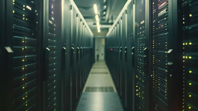 Multiple servers in an organized layout, providing secure data storage and processing in a data center, Visualize the secure handling of customer data to comply with privacy regulations