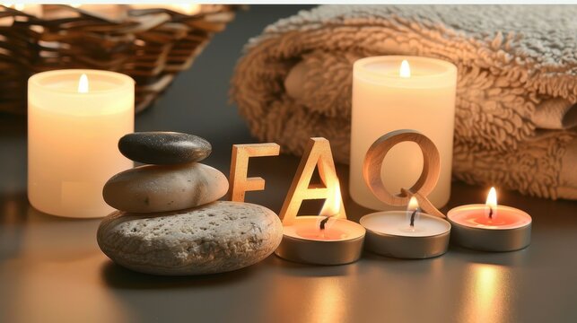 Luxury spa setting with candles, stones, and towels; with the letters "FAQ" written in serene, soothing script. 
