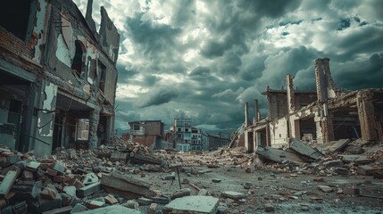Fototapeta premium Desolate urban landscape with crumbling buildings and rubble under a stormy sky, depicting destruction and abandonment