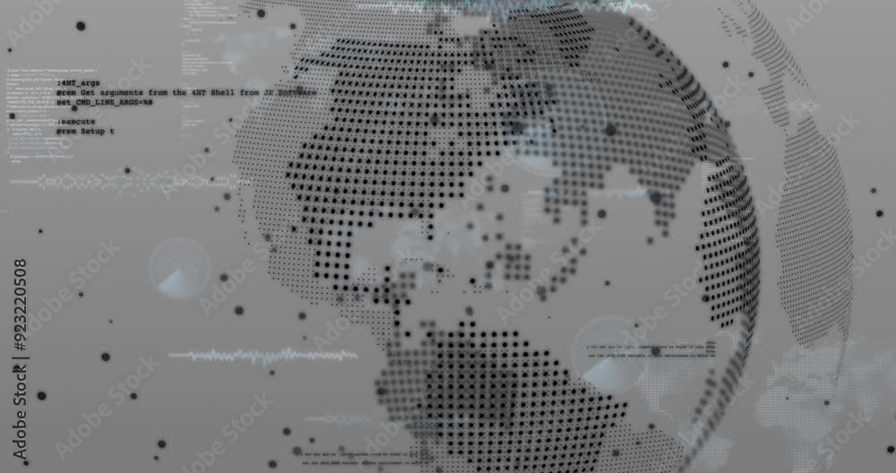 Poster world map with data points and coding animation over gray background