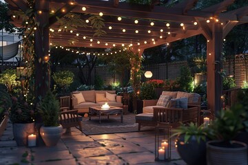 Fototapeta premium Cozy outdoor patio with string lights, lush greenery, and comfortable seating around a fire pit, creating a warm and inviting atmosphere
