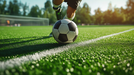 Obraz premium close up of football player kicking the ball