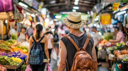 Obraz premium Tourists exploring vibrant holiday markets with copy space, wide focus, deep depth of field.
