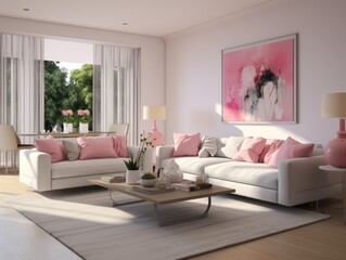 A white couch with pink pillows sits in a bright living room with a large window and a painting on the wall.