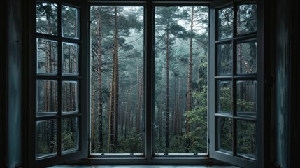 View of the forest through the window. Dark and melancholic atmosphere