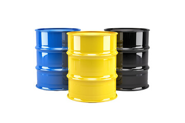 Front view of many metal barrels in blue yellow and black colors isolated on transparent background