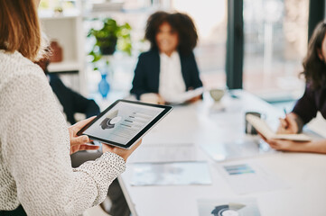 Businesswoman, tablet screen and graphs with presentation in office for company profit or sales statistics. Finance collaboration, employees and data analysis with budget report, feedback or planning