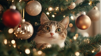 A wide-eyed cat peeking out from within a decorated Christmas tree, surrounded by festive ornaments and twinkling lights, creating a whimsical holiday scene..