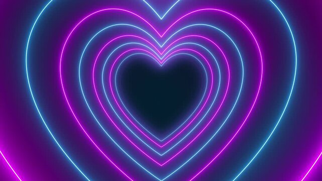 Video animation of many hearts in neon blue and neon magenta on dark background - abstract background - seamless loop.