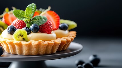 A close-up of a platter with assorted fruit tarts, showcasing vibrant fruit and creamy custard...