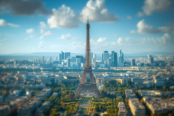 Skyline of Paris with Eiffel Tower in Paris, France, tilt shift,