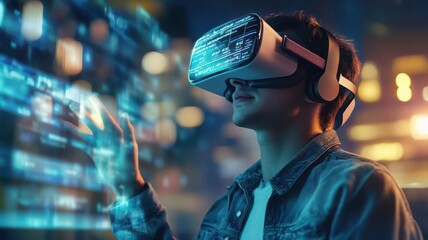 A young man explores a virtual reality world with a headset, immersed in digital innovation and futuristic technology.