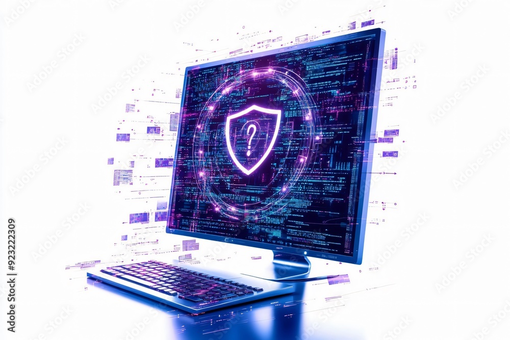 Poster a digital illustration of cybersecurity concepts on a modern computer screen, emphasizing protection