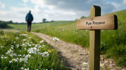 Rural Path with "Pure Presence" Sign, Wildflowers, and a Person Walking with Phone in Backpack