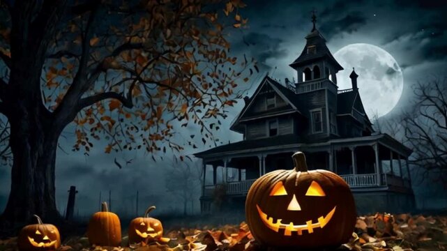 Haunted House with Jack-O'-Lanterns and Full Moon
