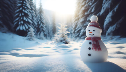 A photo of a snowman with a winter forest backgroun