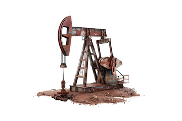 Rusty crude oil pump jack isolated on transparent background.