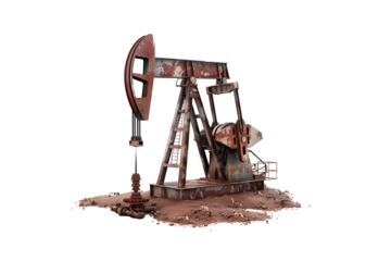 Rusty crude oil pump jack isolated on transparent background.