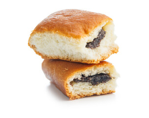 Sweet bun with poppy seed isolated on white background.