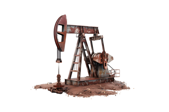 Rusty crude oil pump jack isolated on transparent background.