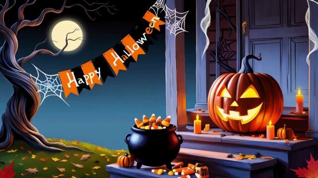 Halloween Porch with Jack-O'-Lantern, Candy Corn, and Banner
