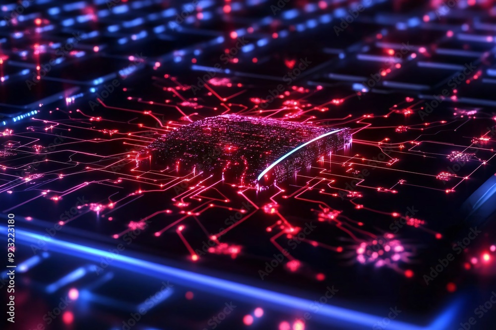 Poster close-up view of a glowing circuit board on a keyboard, showcasing vibrant colors and intricate patt