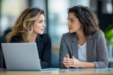 Two busy business women of young and middle age talking in creative green office sitting at desk. Professional ladies employee and manager having conversation using laptop at work
