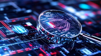 Close-up of a magnifying glass analyzing digital data on a futuristic interface, showcasing technology and innovation.
