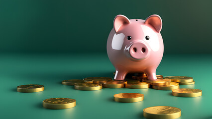 there is a piggy bank sitting on top of a pile of coins