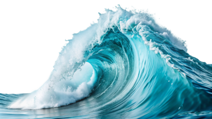  A large ocean wave crashes dramatically, isolated on a transparent background, showcasing its powerful motion