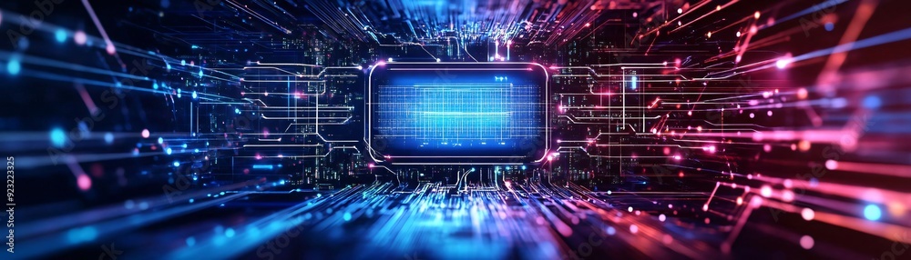 Poster dynamic digital background with vibrant lines and glowing elements representing technology and data 
