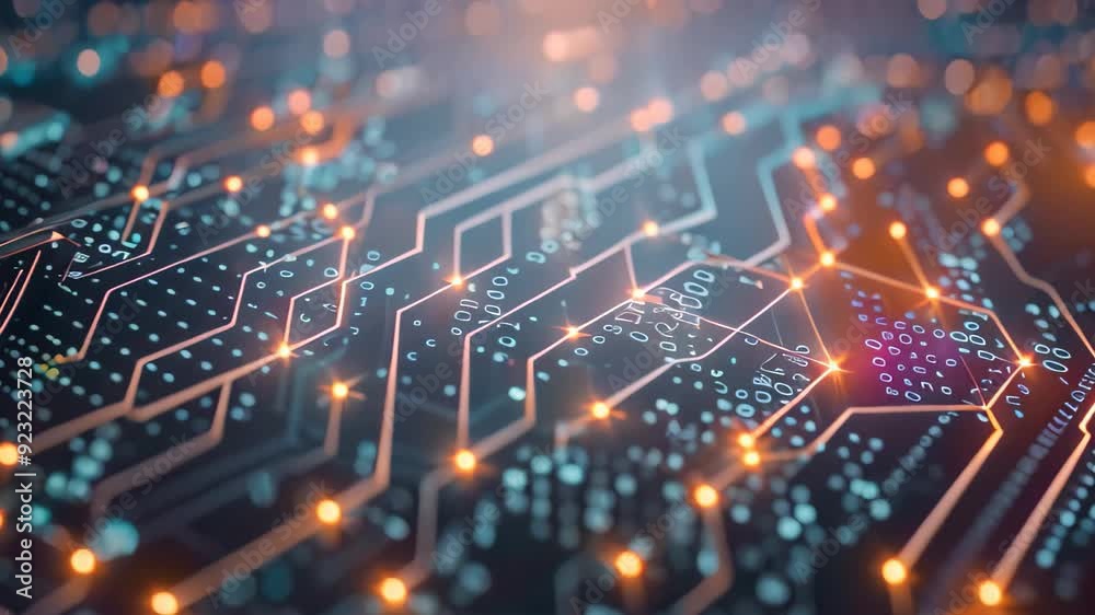Poster detailed view of a computer circuit board with various components and pathways, visualizing the proc