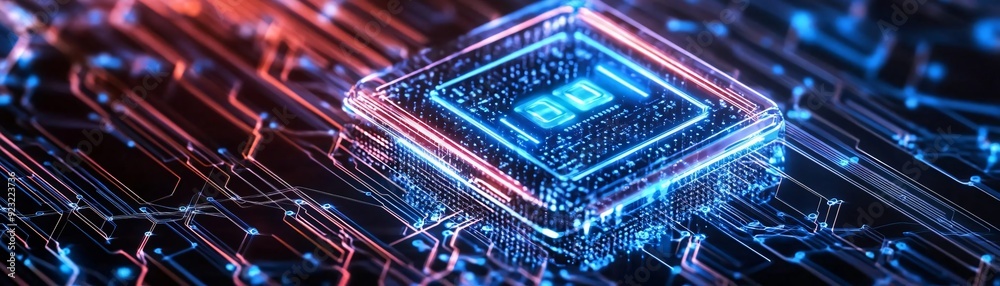 Poster futuristic microchip glowing on a circuit board, symbolizing advanced technology and digital innovat