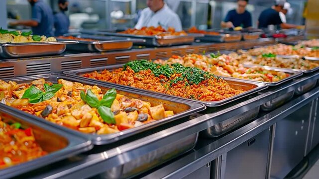 Trays on the buffet line are heated and ready to be served. Food catering banquet in a hotel with buffets for breakfast and lunch.