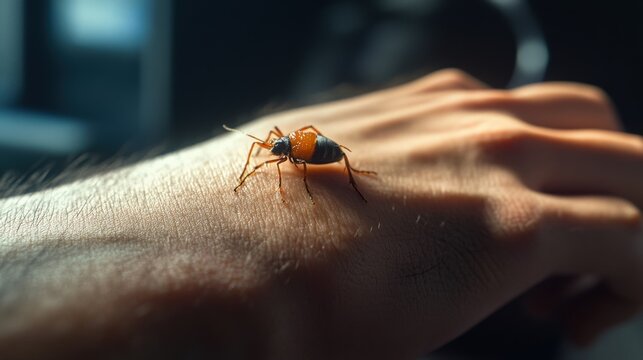 A person inspects a bug bite on their hand, paying close attention to the insect nearby, in a well-lit indoor setting