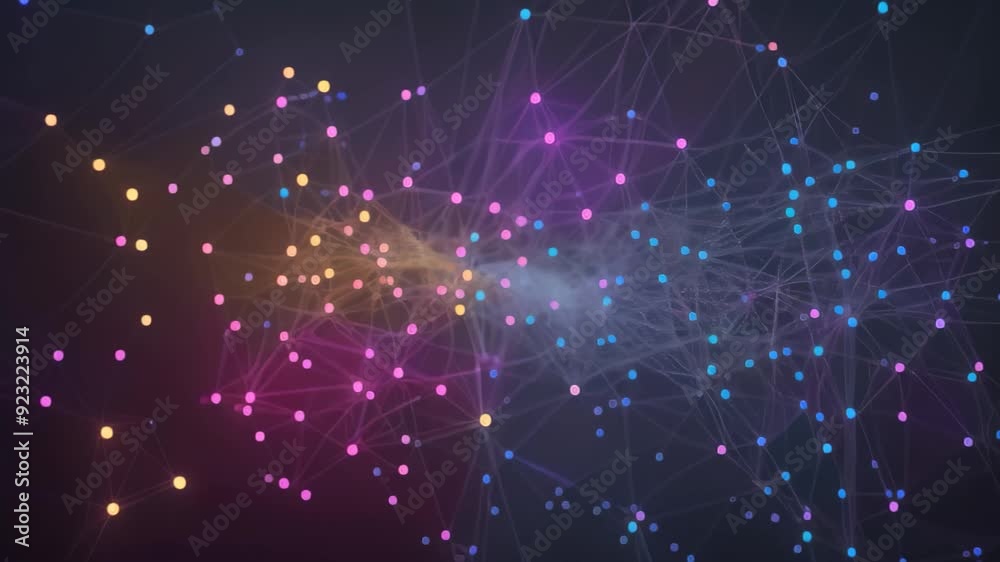 Poster dynamic network of colorful lines and dots on a black background representing data flow, visual repr