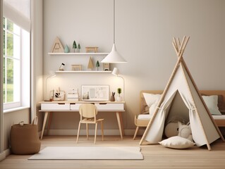 Light and airy kids room interior design with a play tent, desk, and a window with a view of the garden.