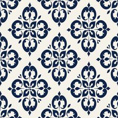  A seamless blue and white geometric floral pattern featuring abstract and classic floral motifs. Ideal for textile design, wallpaper, digital backgrounds, and packaging. on cream white backgound