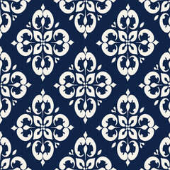 blue and white seamless pattern with abstract and traditional motifs. Perfect for textile design, wallpaper, digital backgrounds, and packaging. on blue backgound