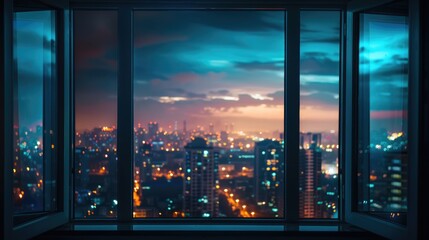 View of the night city through the window. Dark and melancholic atmosphere.