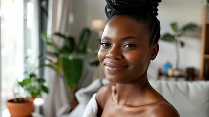 Serene beauty portrait of young woman at home with plants